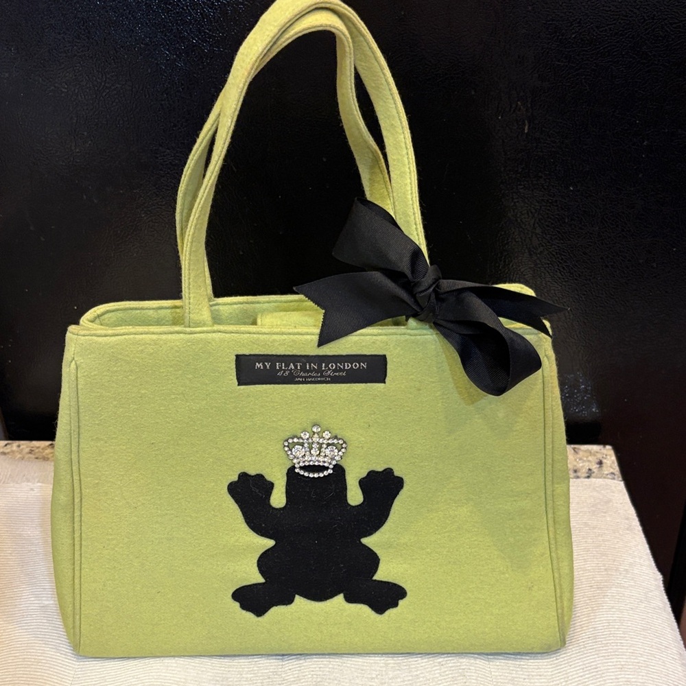 My Flat in London Lime Green Tote with Black Frog Appliqué